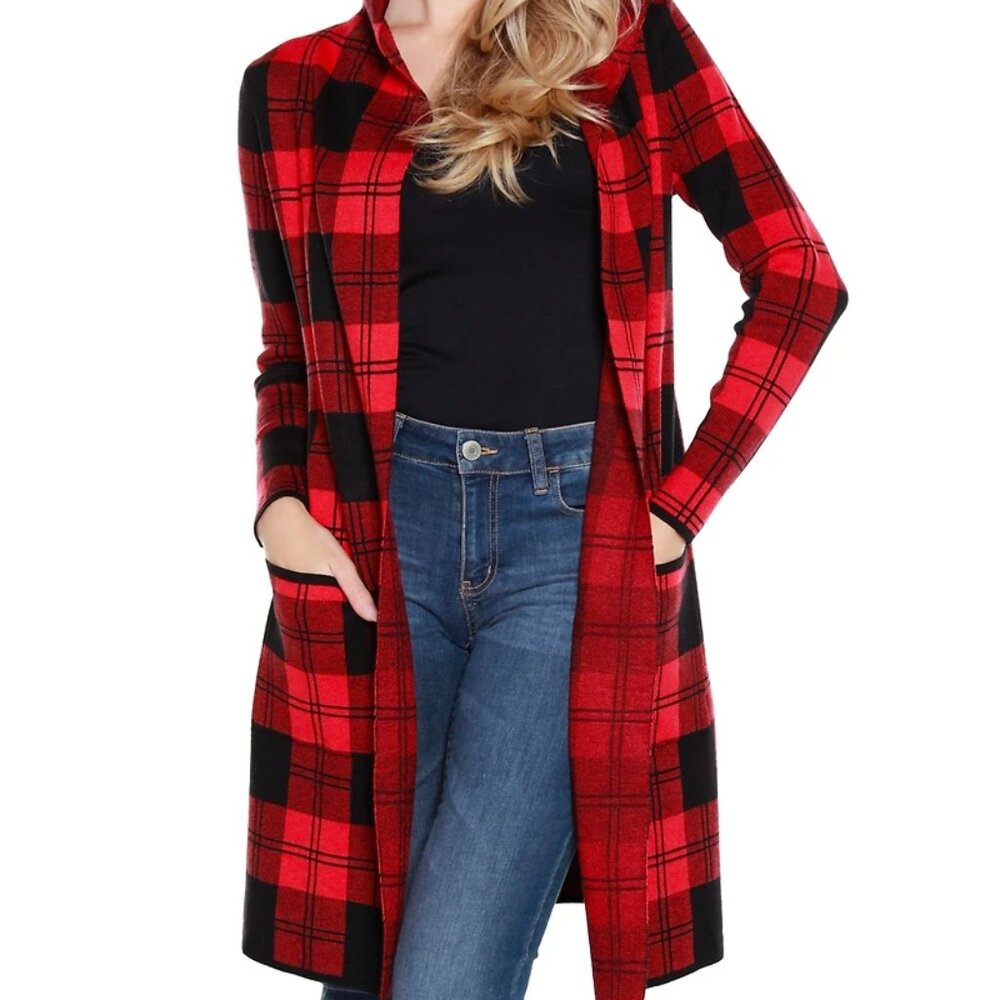Belldini NEW Red/black Hooded Check Buffalo Plaid Coatigan Tunic Sweater 3X